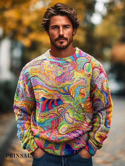 Men’s Abstract Fashion Art Textured Printed Knit Crew Neck Sweater Flower Color / S