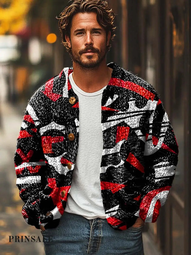 Men’s Abstract Fashion Texture Art Print Long Sleeve Sweater Cardigan Flower Color / S