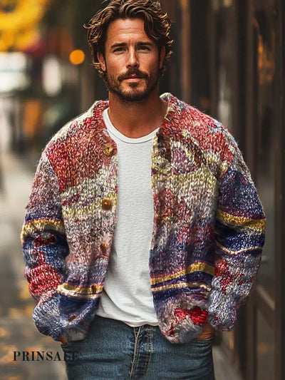 Men’s Abstract Fashion Texture Printed Sweater Cardigan Flower Color / S