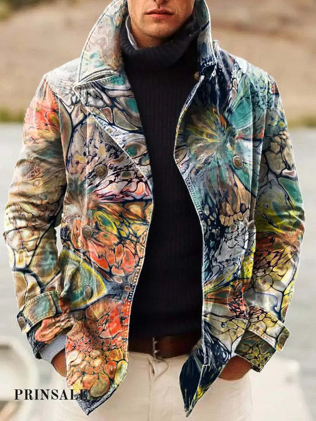 Men’s Abstract Floral Fashion Print Double-Breasted Jacket Flower Color / S