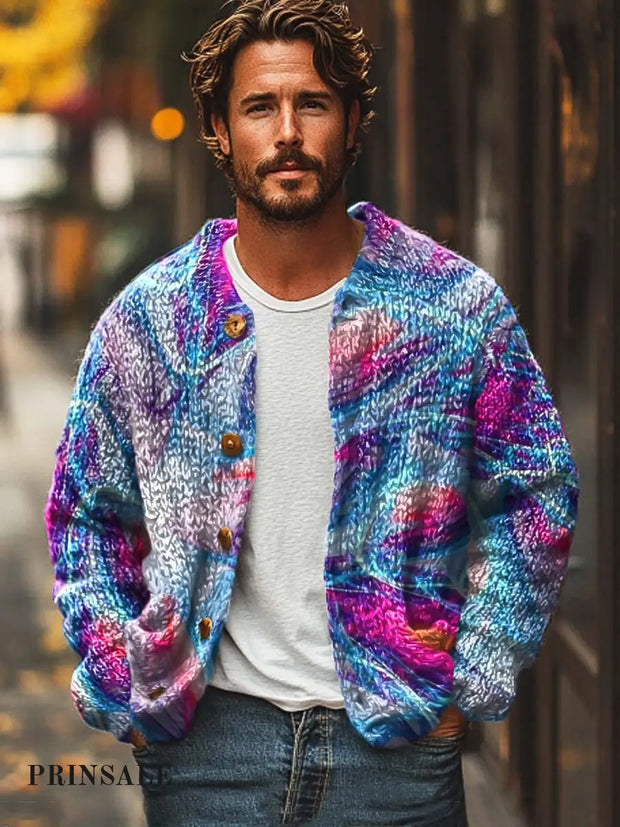 Men’s Abstract Fluid Art Print Sweater Cardigan Flower Color / S