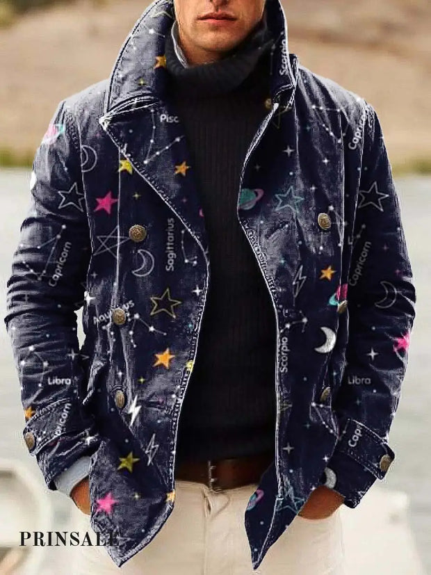 Men’s Abstract Funny Galaxy Print Double-Breasted Jacket Flower Color / S