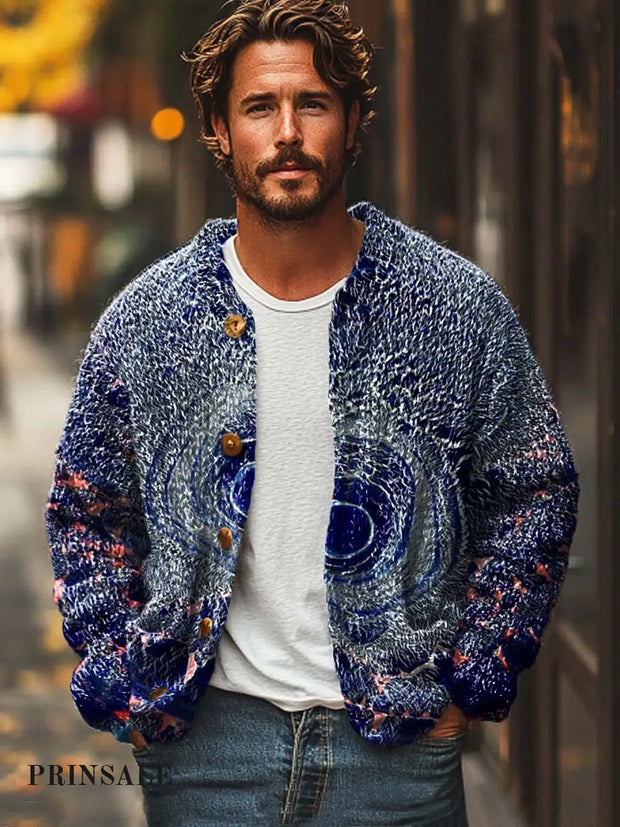 Men’s Abstract Irregular Swirl Print Long Sleeve Knitted Sweater Cardigan Flower Color / S