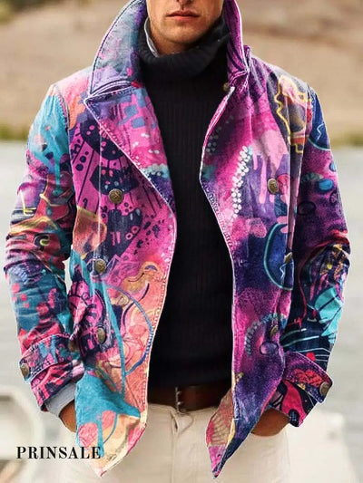 Men’s Abstract Personality Graffiti Art Print Double-Breasted Jacket Flower Color / S