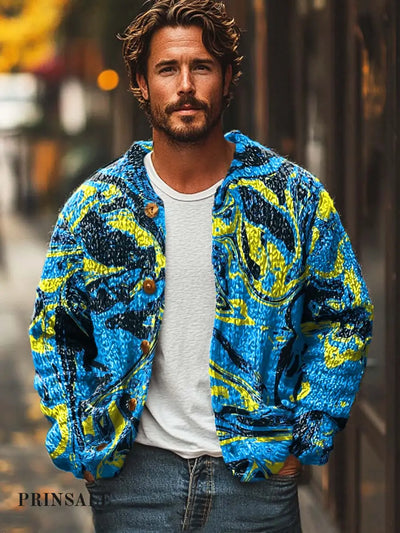 Men’s Abstract Smudge Fashion Digitally Printed Sweater Cardigan Jacket Flower Color / S