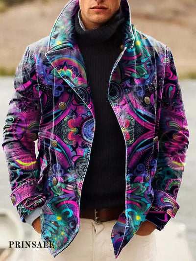 Men’s Abstract Statement Art Print Double-Breasted Jacket Flower Color / S