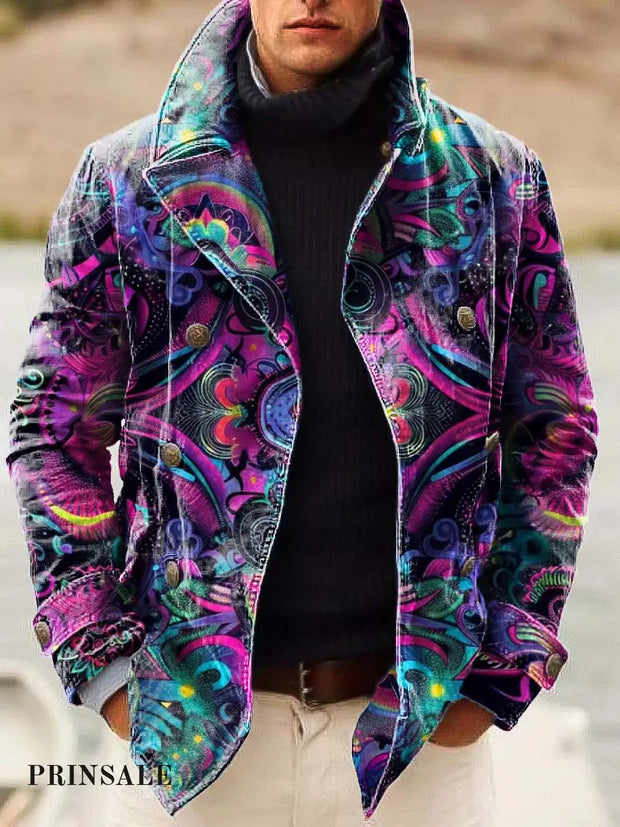 Men’s Abstract Statement Art Print Double-Breasted Jacket Flower Color / S