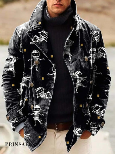 Men’s Abstract Strappy Cartoon Character Print Double-Breasted Jacket Flower Color / S