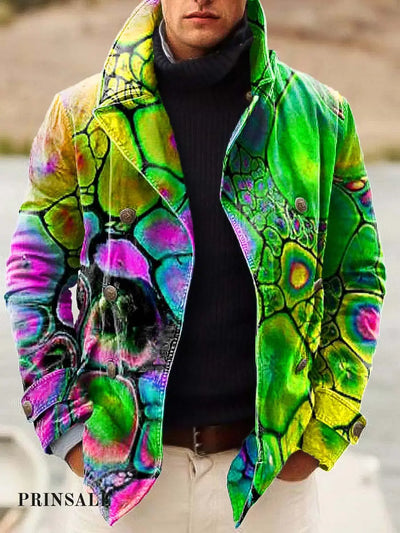 Men’s Abstract Texture Art Fashion Print Double-Breasted Jacket Flower Color / S