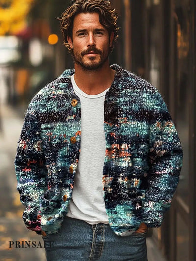 Men’s Abstract Texture Art Print Long-Sleeved Sweater Cardigan Flower Color / S