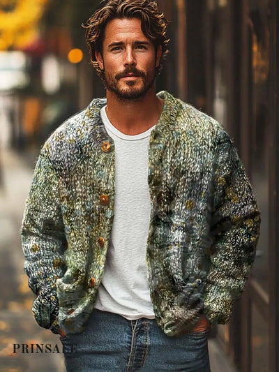 Men’s Abstract Texture Art Print Long-Sleeved Sweater Cardigan Flower Color / S