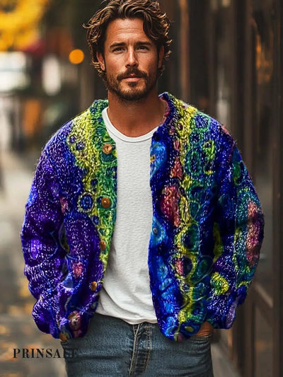 Men’s Abstract Texture Art Print Sweater Cardigan Flower Color / S