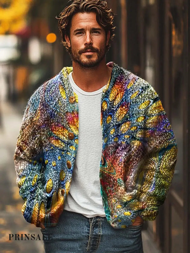 Men’s Abstract Texture Art Print Sweater Cardigan Flower Color / S