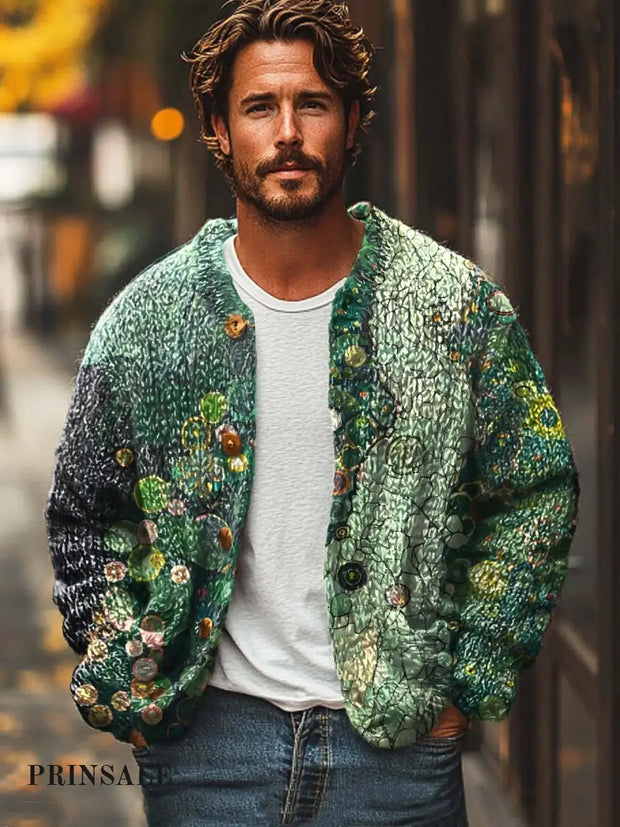 Men’s Abstract Texture Print Sweater Cardigan Flower Color / S