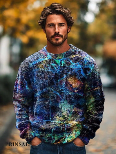 Men’s Abstract Textured Art Print Long-Sleeved Crewneck Sweater Flower Color / S