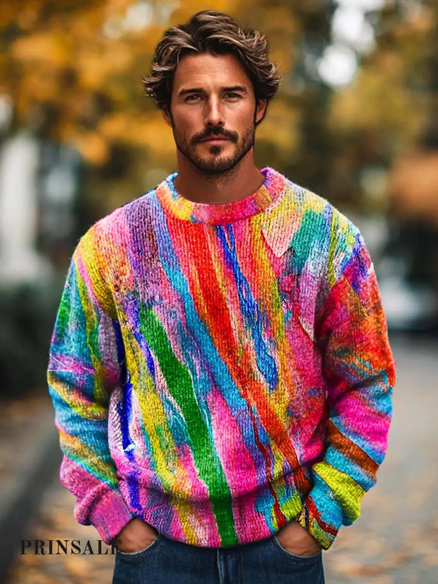 Men’s Abstract Trend Rainbow Color Irregular Striped Printed Knit Crewneck Sweater Flower / S