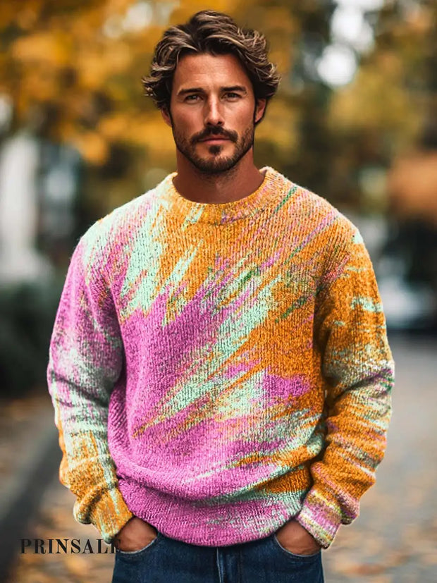 Men’s Abstract Trend Two-Tone Textured Art Printed Knit Crewneck Sweater Flower Color / S