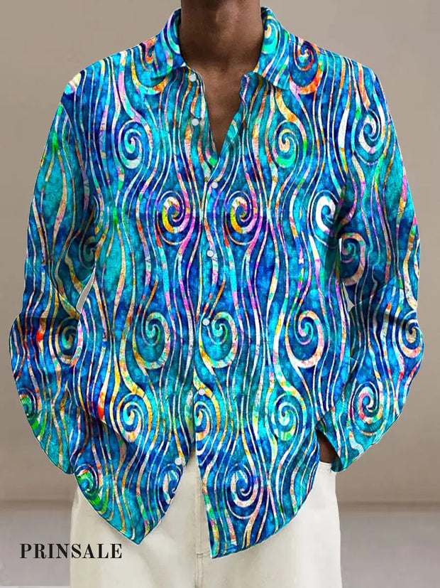 Men’s Abstract Vortex Pattern Cotton Summer Casual Beach Shirt Long Sleeve Dazzle Blue / S