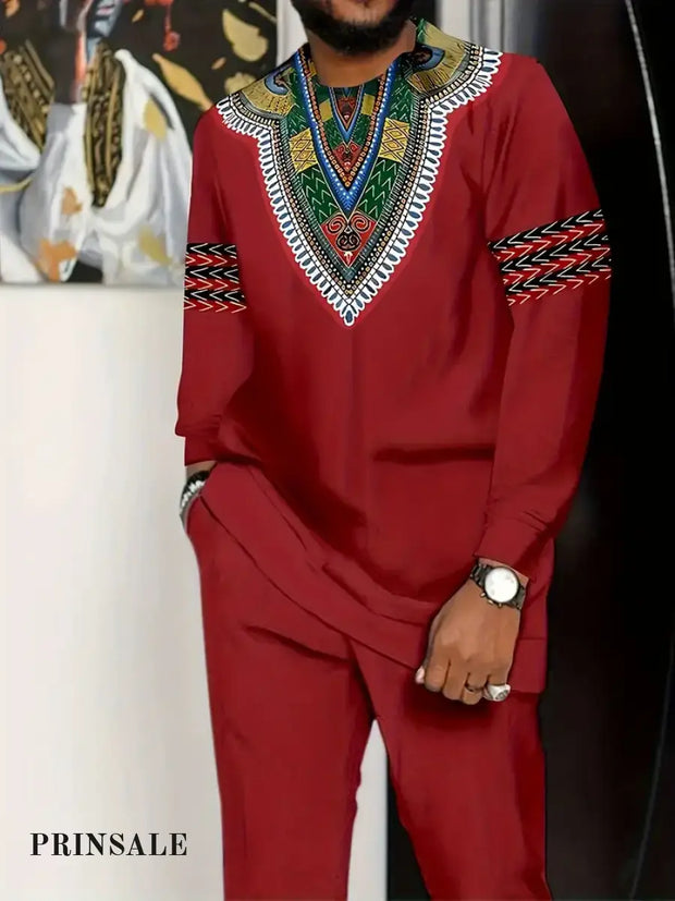 Men’s African Dashiki Set Long Sleeve Round Neck Top Solid Color Drawstring Pants Four-Season