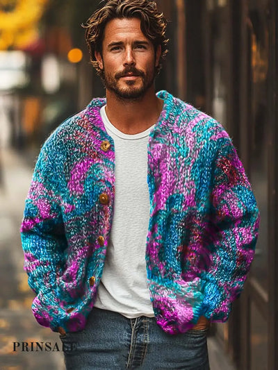 Men’s Art Texture Fashion Print Sweater Cardigan Flower Color / S