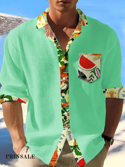 Men’s Beach Vacation Casual Printed Long Sleeve Shirt Green / S