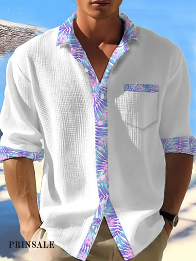 Men’s Beach Vacation Casual Printed Long Sleeve Shirt White / S
