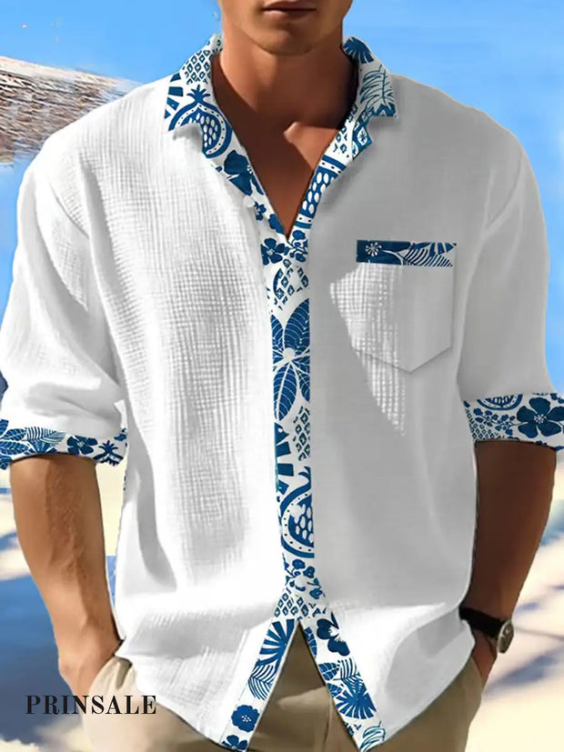 Men’s Beach Vacation Casual Printed Long Sleeve Shirt White / S