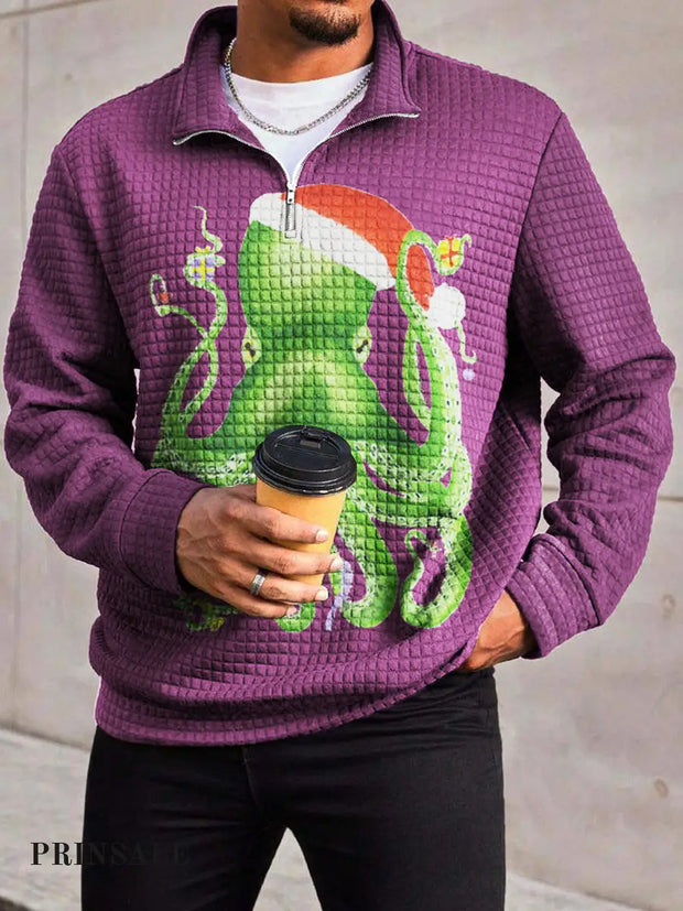 Men’s Bizarre Funny Christmas Octopus Print Waffle Gra Chain Neckline Long Sleeve Sweatshirt