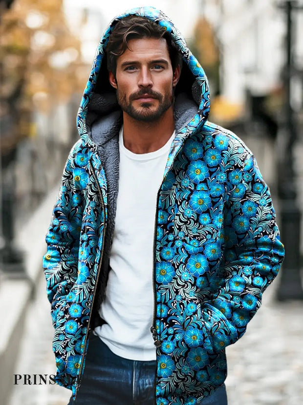 Men’s Blue Floral Art Print Plush Thickened Hooded Cardigan Jacket Colorful / S