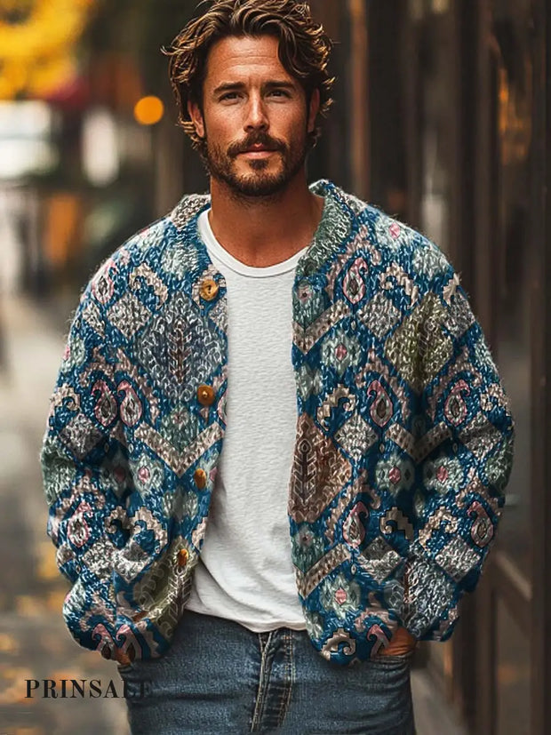 Men’s Blue Geometric Print Stylish Loose Cardigan Sweater Jacket Blue / S