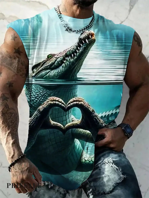 Men’s Casual Animal Crocodile Fun Art Print Crew Neck Tank Top Colorful / S