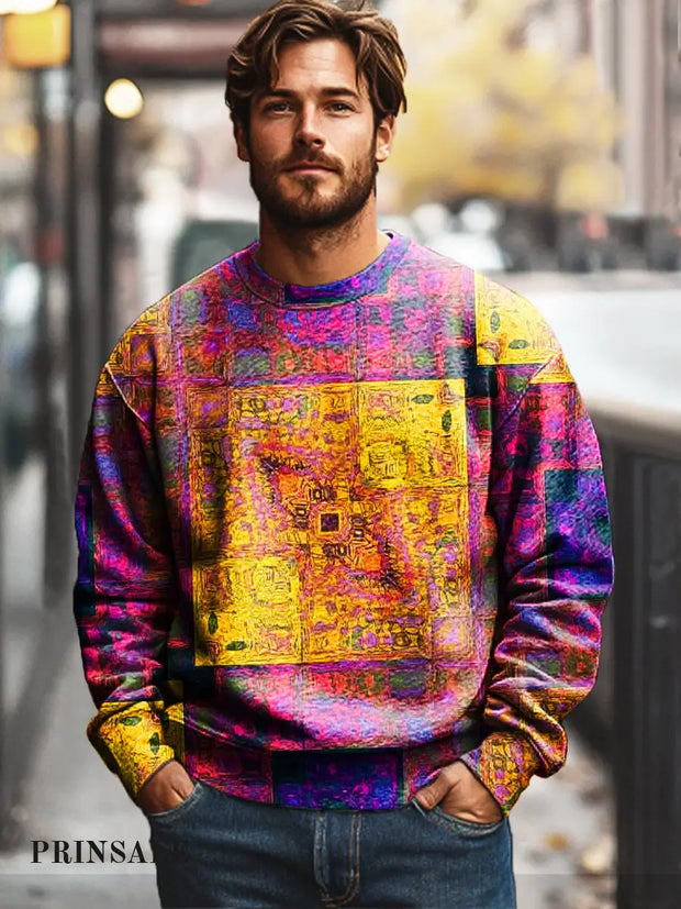 Men’s Casual Multicolor Geometric Retro Print Cotton Crew Neck Sweatshirt Colorful / S