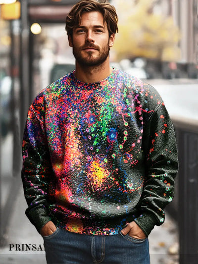 Men’s Casual Rainbow Color Ink Retro Print Cotton Crew Neck Sweatshirt Colorful / S