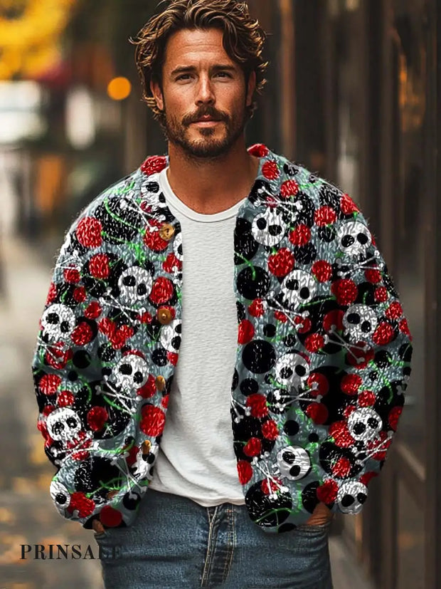 Men’s Cherry Skull Print Sweater Cardigan Flower Color / S