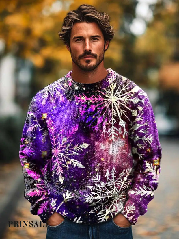 Men’s Christmas Fashion Simple Snowflake Print Long Sleeve Knitted Crew Neck Sweater Flower Color