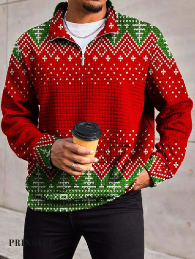 Men’s Christmas Trendy Geometric Symmetrical Printed Waffle Zipper Collar Long Sleeve Hoodie