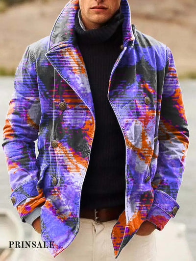 Men’s Classic Colourful Smudge Print Loose Long-Sleeved Double-Breasted Jacket Purple / S