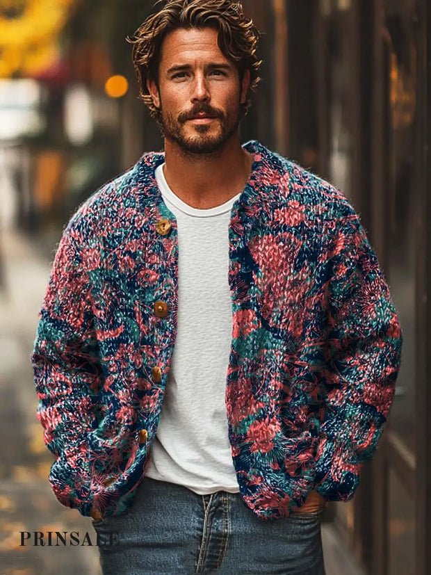 Men’s Classic Fashion Personality Digital Print Casual Loose Sweater Cardigan Jacket Flower Color