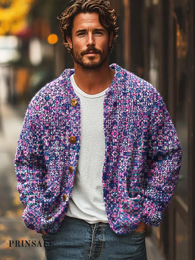 Men’s Classic Fashion Print Casual Loose Sweater Jacket Purple / S