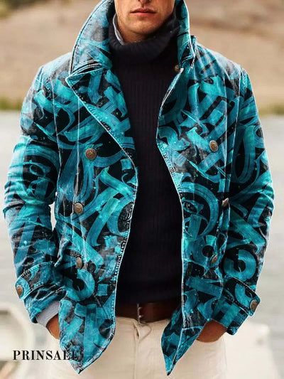 Men’s Classic Fashion Print Loose Long Sleeve Double-Breasted Jacket Flower Color / S