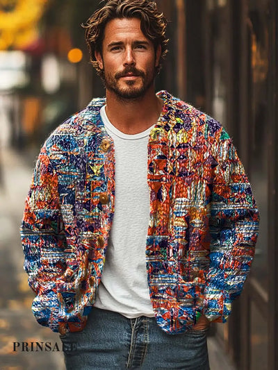 Men’s Classic Fashion Versatile Digital Print Casual Loose Sweater Cardigan Jacket Flower Color / S