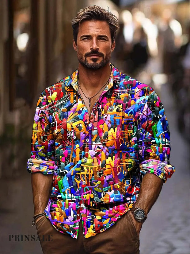 Men’s Classic Fashion Versatile Digitally Printed Casual Long-Sleeved Shirt Flower Color / S