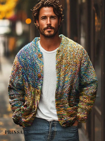 Men’s Classic Fashion Versatile Digitally Printed Sweater Cardigan Jacket Flower Color / S