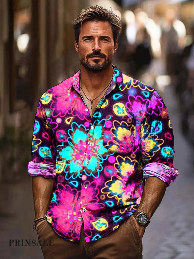 Men’s Classic Floral Fashion Digital Print Long Sleeve Shirt Flower Color / S