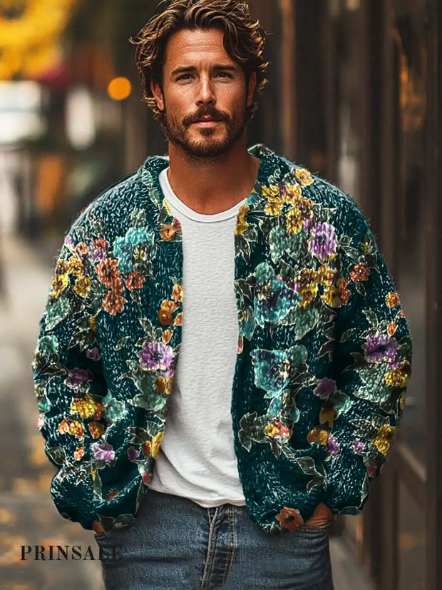 Men’s Classic Floral Fashion Print Loose Long-Sleeved Sweater Jacket Green / S