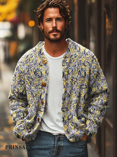 Men’s Classic Floral Fashion Versatile Digitally Printed Sweater Cardigan Jacket Flower Color / S