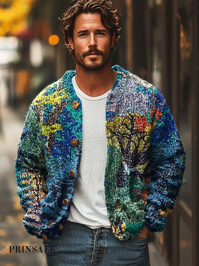 Men’s Classic Flowers Trees Fashionable Versatile Digitally Printed Sweater Cardigan Jacket