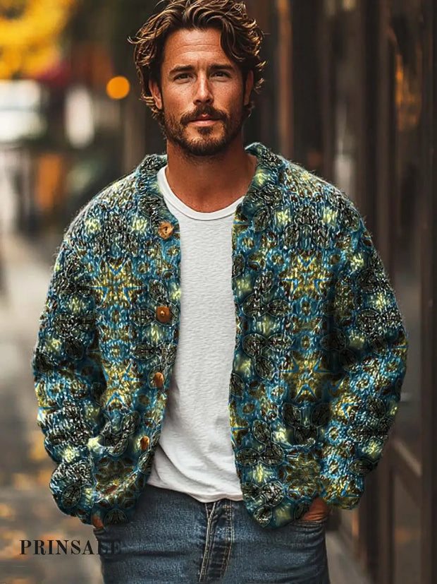 Men’s Classic Retro Fashion Handsome Digital Print Casual Loose Sweater Cardigan Jacket Flower