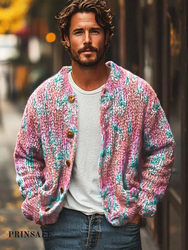 Men’s Classic Romantic Handsome And Charming Loose Long-Sleeved Sweater Cardigan Jacket Pink / S