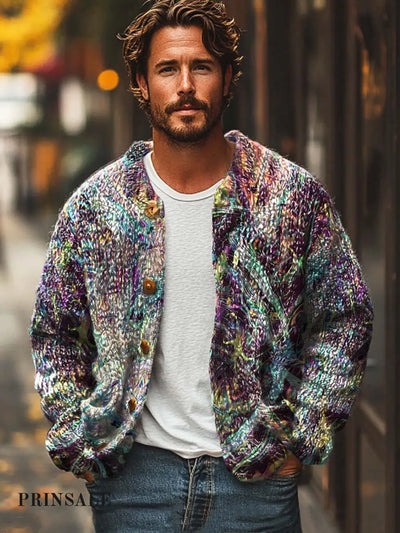 Men’s Classic Smudge Fashion Digital Print Casual Loose Sweater Cardigan Jacket Flower Color / S